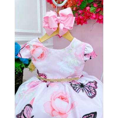Vestido Infantil Rosa Bebê Jardim das Borboletas Cinto Strass