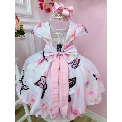 Vestido Infantil Rosa Bebê Jardim das Borboletas Cinto Strass