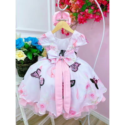 Vestido Infantil Rosa Bebê Jardim das Borboletas Cinto Strass