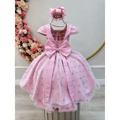 Vestido Infantil Rosa Busto C/ Strass Saia Organza Glitter