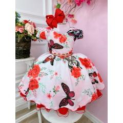 Vestido Infantil Rosa Jardim das Borboletas Cinto de Strass