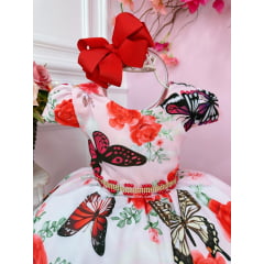 Vestido Infantil Rosa Jardim das Borboletas Cinto de Strass