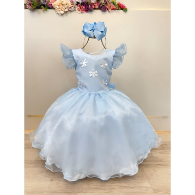 Vestido Infantil Azul Frozen Anna Elza Festas Luxo