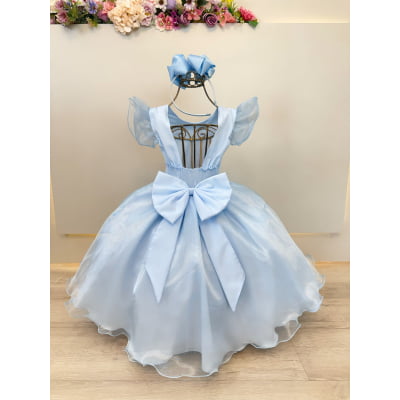 Vestido Infantil Azul Frozen Anna Elza Festas Luxo