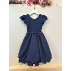 Vestido Infantil Azul Marinho C/ Busto Nervura Festas