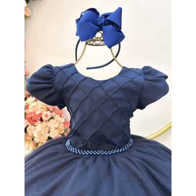 Vestido Infantil Azul Marinho C/ Busto Nervura Festas