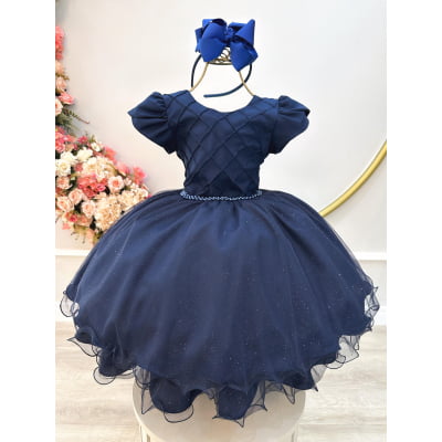 Vestido Infantil Azul Marinho C/ Busto Nervura Festas