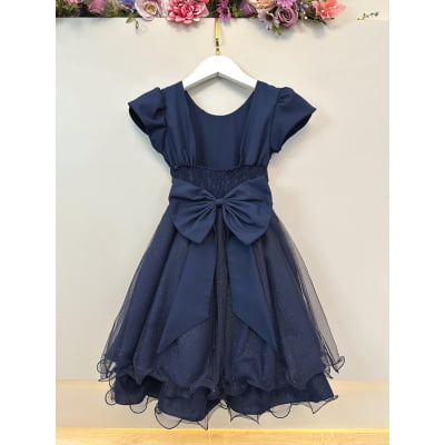 Vestido Infantil Azul Marinho C/ Busto Nervura Festas
