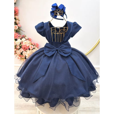 Vestido Infantil Azul Marinho C/ Busto Nervura Festas