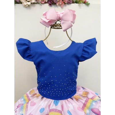 Vestido Infantil Azul Royal Lilo Stitch e Angel Festas Luxo
