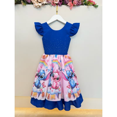 Vestido Infantil Azul Royal Lilo Stitch e Angel Festas Luxo