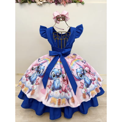 Vestido Infantil Azul Royal Lilo Stitch e Angel Festas Luxo