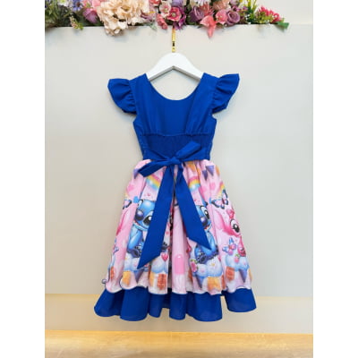 Vestido Infantil Azul Royal Lilo Stitch e Angel Festas Luxo