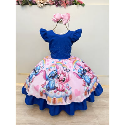 Vestido Infantil Azul Royal Lilo Stitch e Angel Festas Luxo