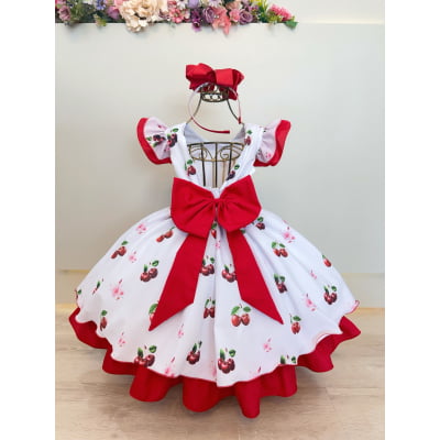Vestido Infantil Branco e Vermelho com Estampa Cereja Luxo