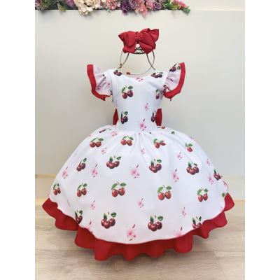 Vestido Infantil Branco e Vermelho com Estampa Cereja Luxo