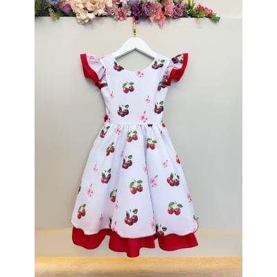 Vestido Infantil Branco e Vermelho com Estampa Cereja Luxo