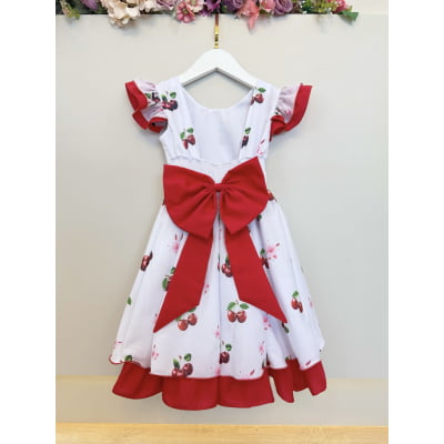 Vestido Infantil Branco e Vermelho com Estampa Cereja Luxo