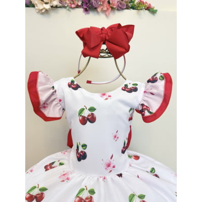 Vestido Infantil Branco e Vermelho com Estampa Cereja Luxo