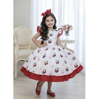 Vestido Infantil Branco e Vermelho com Estampa Cereja Luxo