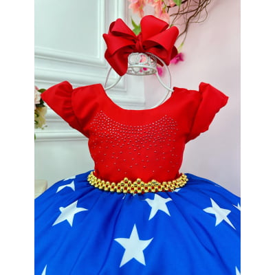 Vestido Infantil Mulher Maravilha C/ Cinto de Pérolas Festas