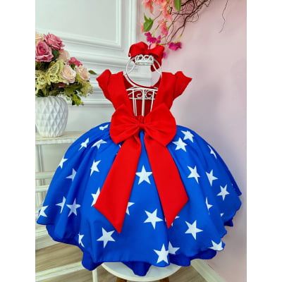 Vestido Infantil Mulher Maravilha C/ Cinto de Pérolas Festas