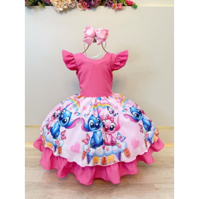 Vestido Infantil Rosa Chiclete Lilo Stitch e Angel Festas