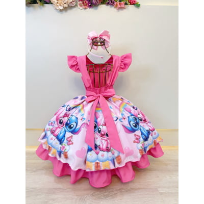 Vestido Infantil Rosa Chiclete Lilo Stitch e Angel Festas