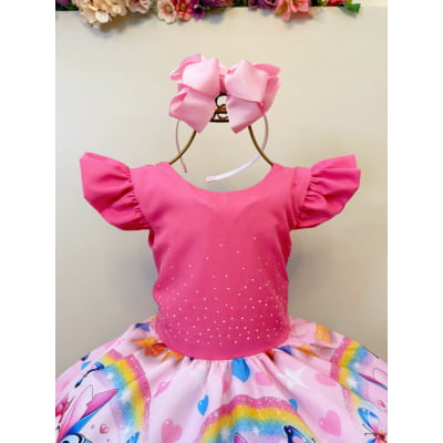 Vestido Infantil Rosa Chiclete Lilo Stitch e Angel Festas