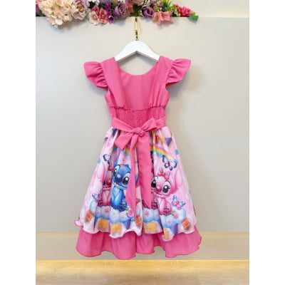 Vestido Infantil Rosa Chiclete Lilo Stitch e Angel Festas