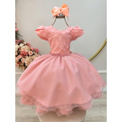Vestido Infantil Salmão C/ Busto Nervura Festas Daminhas