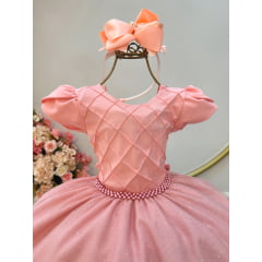 Vestido Infantil Salmão C/ Busto Nervura Festas Daminhas
