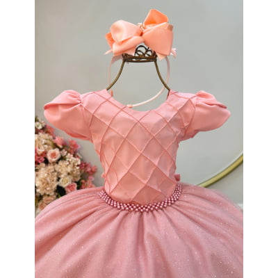 Vestido Infantil Salmão C/ Busto Nervura Festas Daminhas