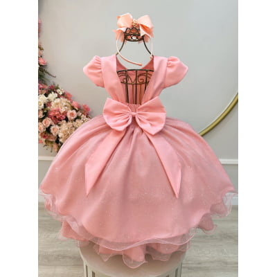 Vestido Infantil Salmão C/ Busto Nervura Festas Daminhas