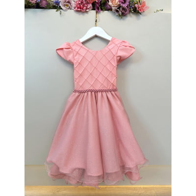 Vestido Infantil Salmão C/ Busto Nervura Festas Daminhas