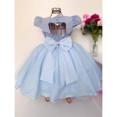 Vestido Infantil Frozen Azul Luxo Laço Cabelo