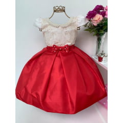 Vestido Infantil Vermelho e Off Princesa Bebê de Luxo