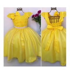Vestido Infantil Amarelo Renda Cinto Pérola e Laço de Cabelo