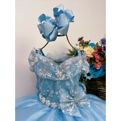Vestido Infantil Frozen C/ Capa e Laço Festa Princesas Luxo