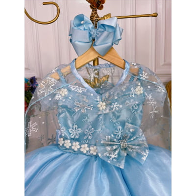 Vestido Infantil Frozen C/ Capa e Laço Festa Princesas Luxo