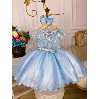 Vestido Infantil Frozen C/ Capa e Laço Festa Princesas Luxo