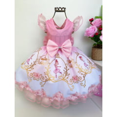 Vestido Infantil Rosa Bailarina Laço Pérolas Luxo Princesas