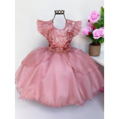 Vestido Infantil Rosê Renda e Pérolas Luxo Damas de Honra