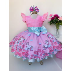 Vestido Infantil Unicórnio Rosa Luxo Festas Princesa e Tiara