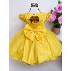Vestido Infantil Amarelo com Pérolas Renda Aplique Borboletas
