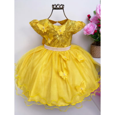 Vestido Infantil Amarelo com Pérolas Renda Aplique Borboletas