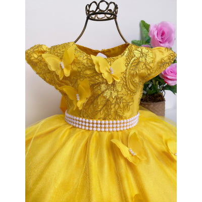 Vestido Infantil Amarelo com Pérolas Renda Aplique Borboletas