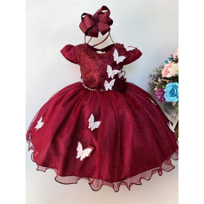 Vestido Infantil Aplique de Borboletas Marsala e Branco Luxo