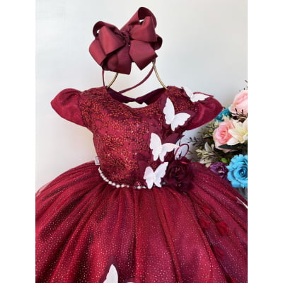Vestido Infantil Aplique de Borboletas Marsala e Branco Luxo