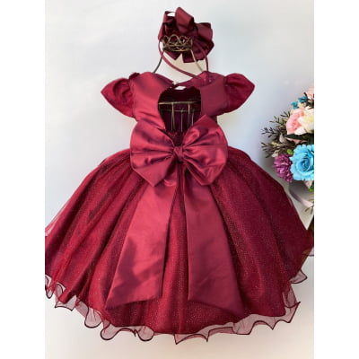 Vestido Infantil Aplique de Borboletas Marsala e Branco Luxo
